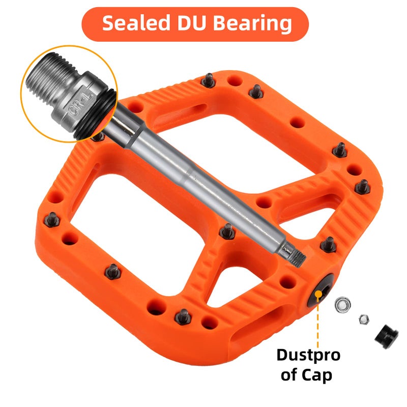 روكبروز دواسات الدراجة الجبلية Rock BROS من النايلون المركب بدواسات دراجة MTB مقاس 9/16 بوصة مع منصة مسطحة واسعة باللون البرتقالي - Image 3